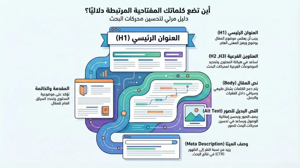 أين يجب عليك إضافة الكلمات المرتبطة دلاليًا في محتواك