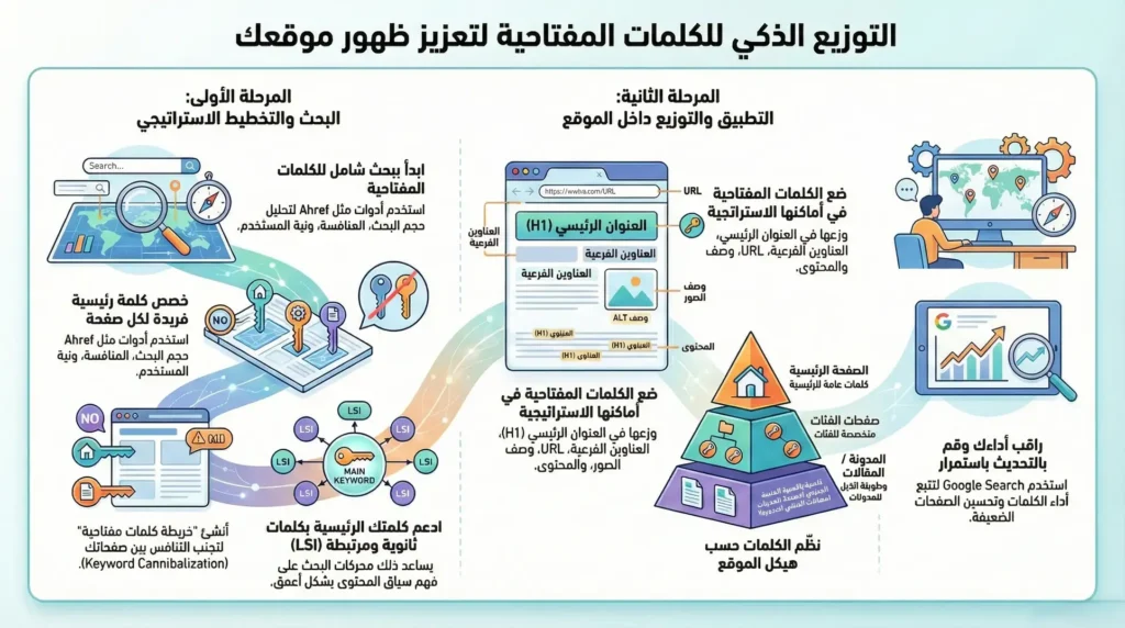 توزيع الكلمات المفتاحية عبر صفحات الموقع : دليل شامل لتحسين السيو 3 توزيع الكلمات المفتاحية عبر صفحات الموقع