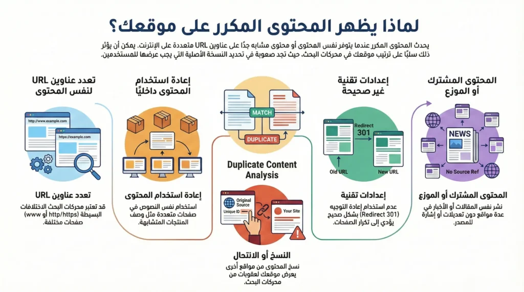 المحتوى المكرر: العدو الخفي الذي يهدد نجاح موقعك في السيو 7 كيفية تجنب المحتوى المكرر Duplicate Content؟لتجنب مشكلة المحتوى المكرر، يمكن اتباع الإجراءات التالية: استخدام إعادة التوجيه 301: إذا كان لديك عدة عناوين URL تؤدي إلى نفس المحتوى، استخدم إعادة التوجيه 301 لتوجيه كل الزوار إلى عنوان URL واحد. استخدام العلامة الكنسية (Canonical Tag): أضف علامة <link rel=”canonical” href=”URL”> إلى الصفحة الأصلية للإشارة إلى محركات البحث أن هذه هي النسخة المفضلة. إنشاء محتوى فريد: تأكد من كتابة محتوى أصلي وفريد لكل صفحة على موقعك، خاصة في وصف المنتجات أو الخدمات. إعدادات ملف robots.txt: استخدم ملف robots.txt لمنع محركات البحث من فهرسة الصفحات غير الضرورية مثل صفحات المعاينة أو صفحات البحث الداخلية. تجنب النشر المشترك دون تعديل: إذا كنت تستخدم محتوى مشتركًا، قم بإعادة صياغته أو إضافة قيمة جديدة لتجنب المحتوى المكرر.