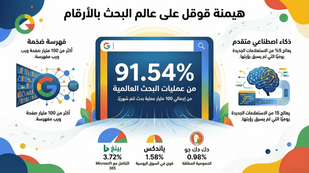 لماذا يُعدّ محرك بحث قوقل الخيار الأول للمستخدمين حول العالم؟ دليل شامل 2 هيمنة محرك بحث قوقل السوقية أرقام تتحدث عن نفسها