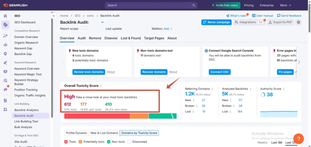 كيفية التنصل من الباك لينك الضار disavow bad backlinks باستخدام أداة SEMrush 5 Overall Toxicity Score
