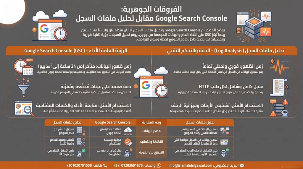 الفرق الجوهري بين Google Search Console وتحليل ملفات السجل